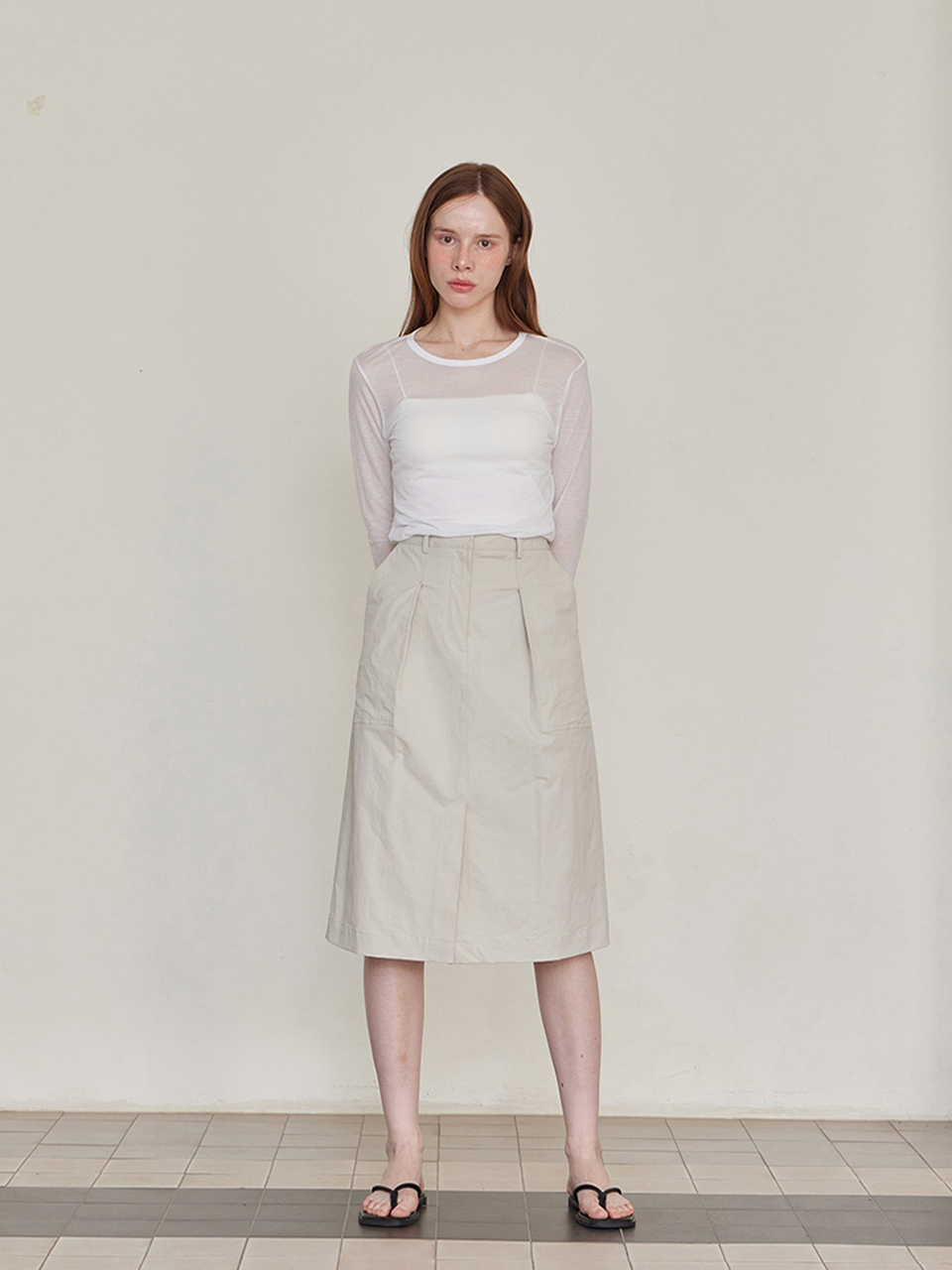 Audrey Cotton Slit Midi Skirt - Beige