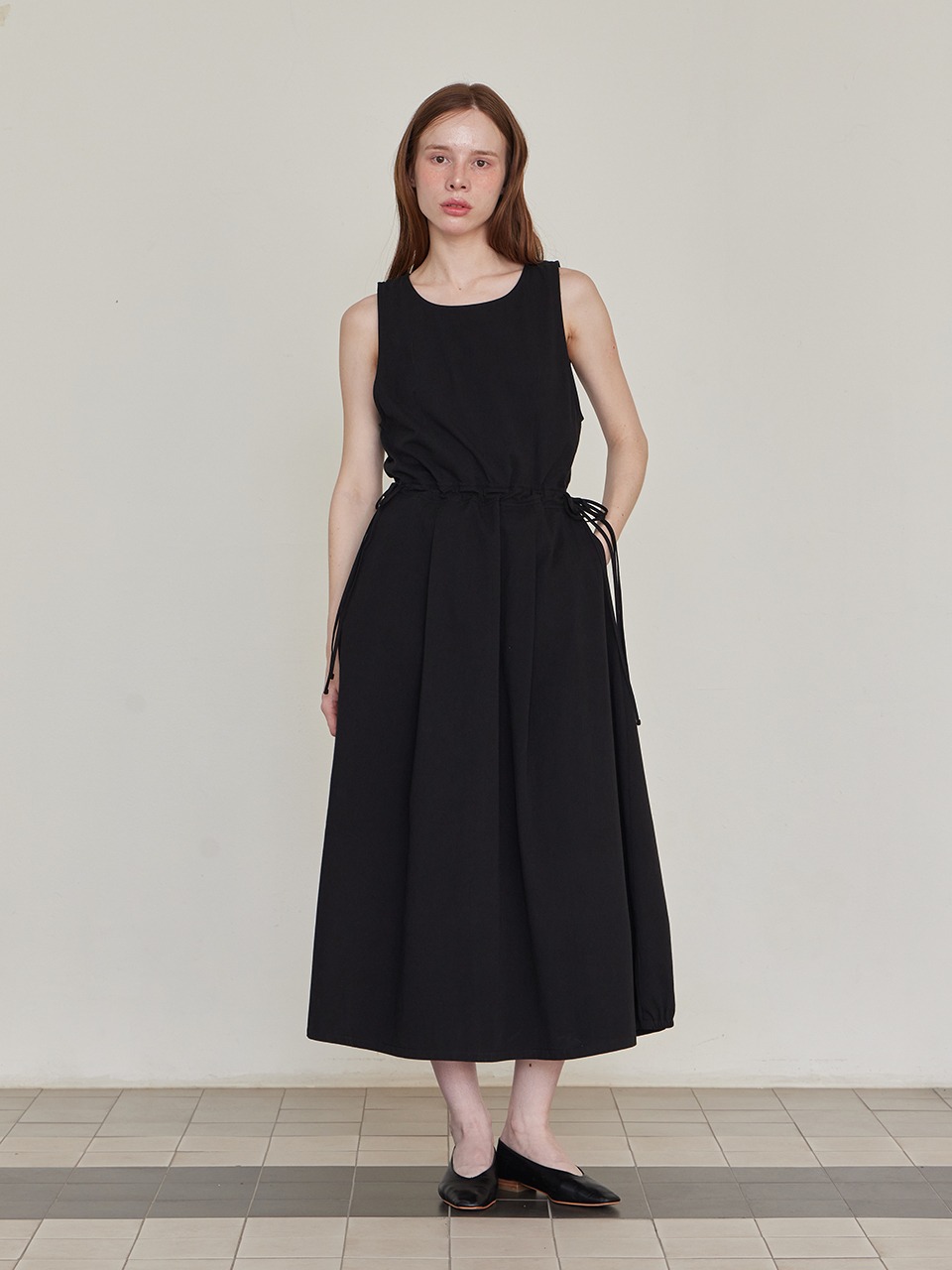 Drawstring Sleeveless Long Dress - Black